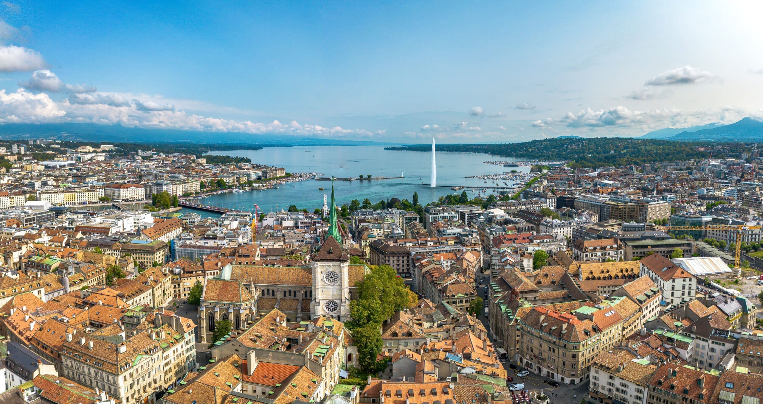 Aerial panoramic view over Geneva city in Switzerland